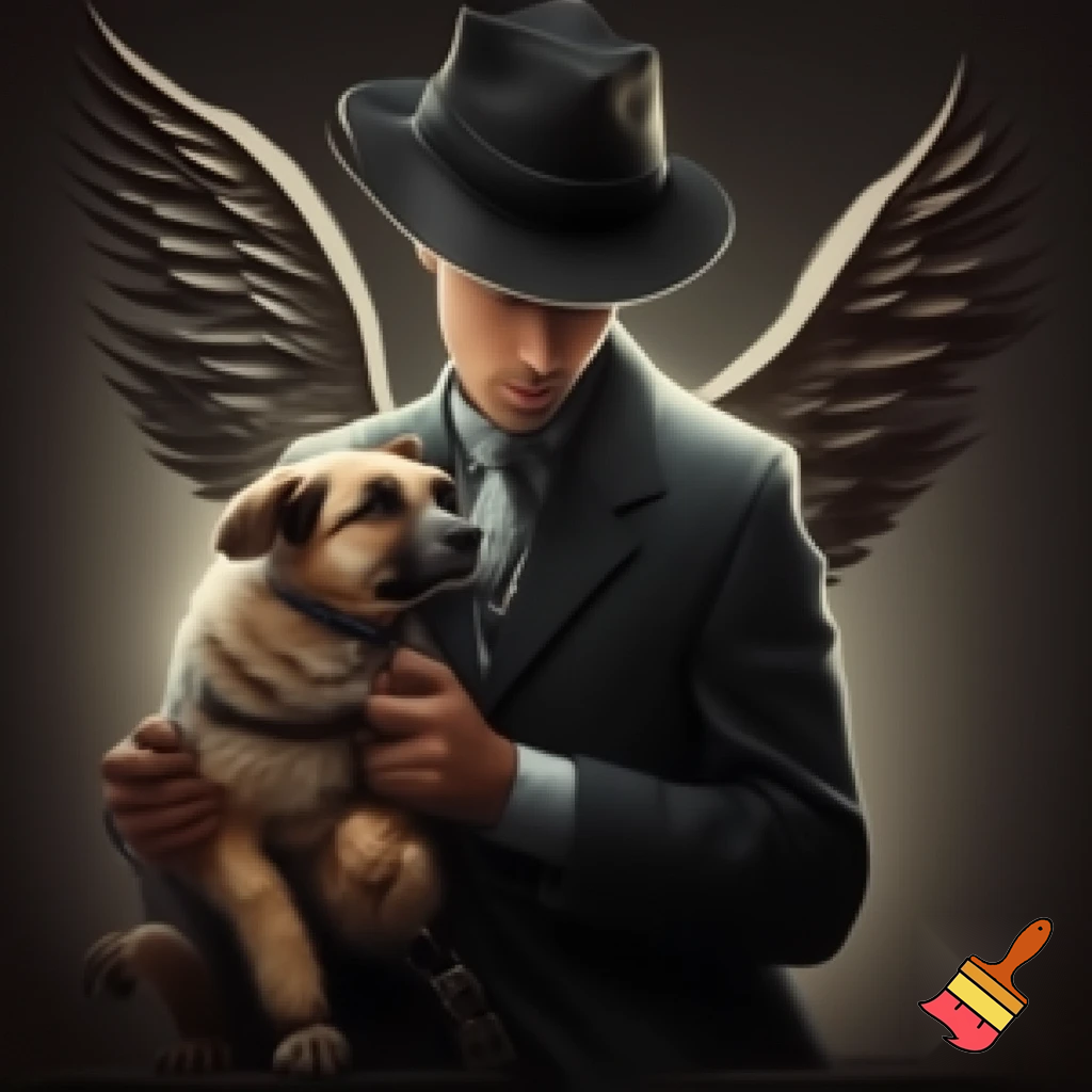 Gangster looking young dog with angel wings