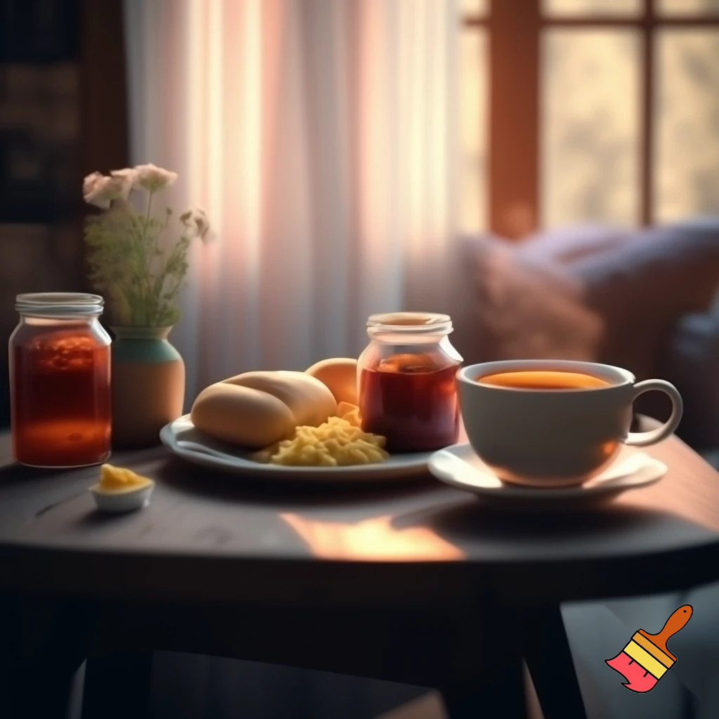 "A cozy and warm breakfast scene inside a home, with a wooden table set with fresh bread, jam, cheese, butter, scrambled eggs, and a cup of tea or coffee. The surroundings feature simple and comfortable home items, such as light curtains in the window, fresh flowers on the table, and soft, natural light streaming through the window. The atmosphere is extremely homely and inviting, with warm and soft colors."