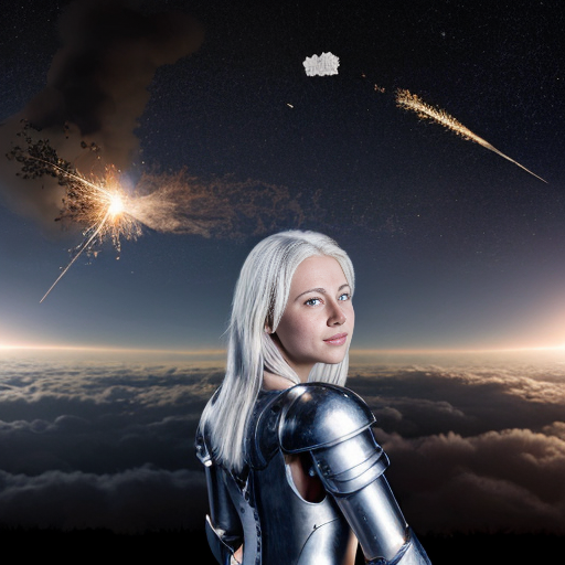 young white-haired woman in armor watches as meteorites fall on her castle