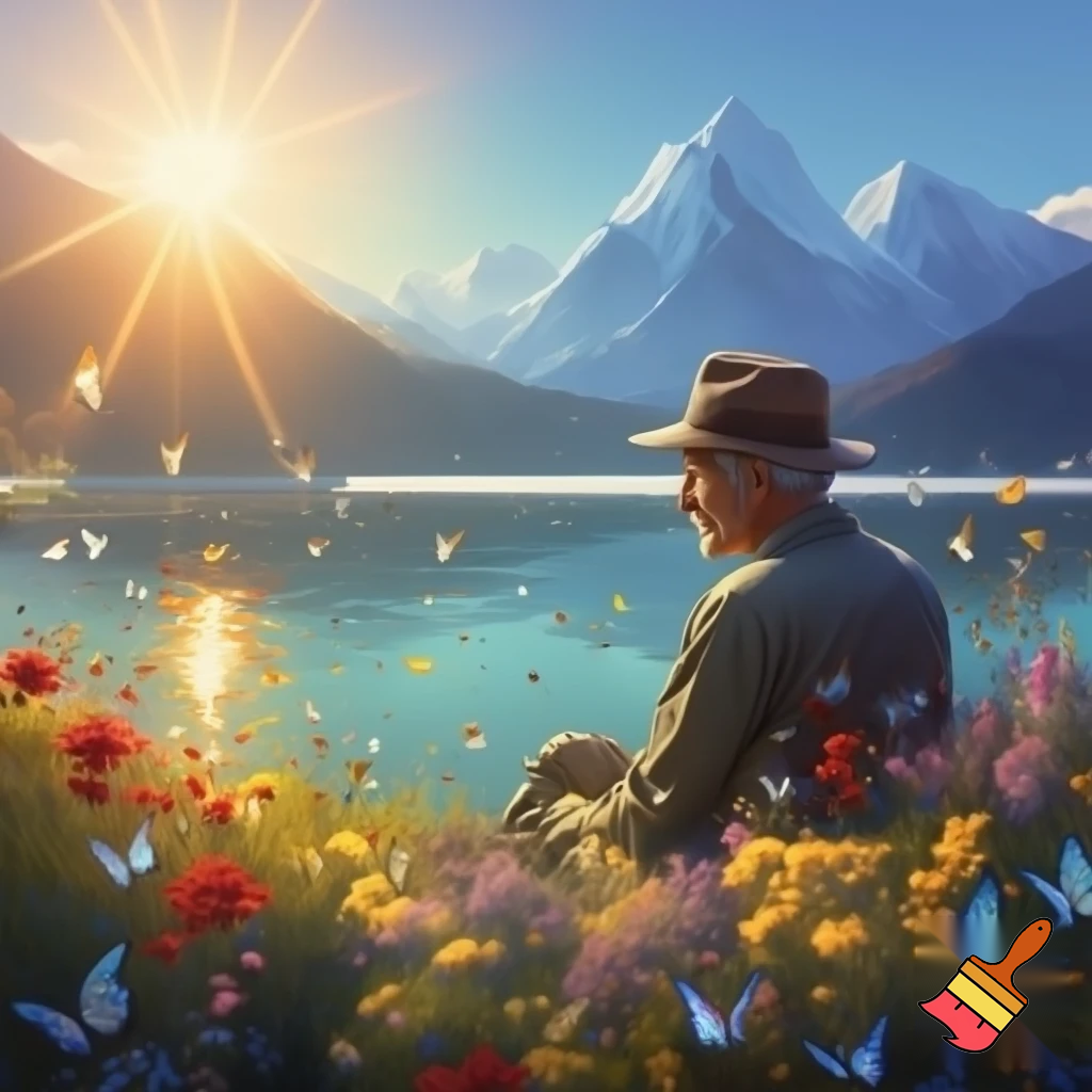 Ein älterer Mann sitzt an einem See und trägt einen Hut. Die Sonne scheint. Im Hintergrund sind hohe Berge zu sehen. Auf den Gipfeln liegt Schnee. Es blühen viele Blumen und es fliegen Schmetterlinge.
