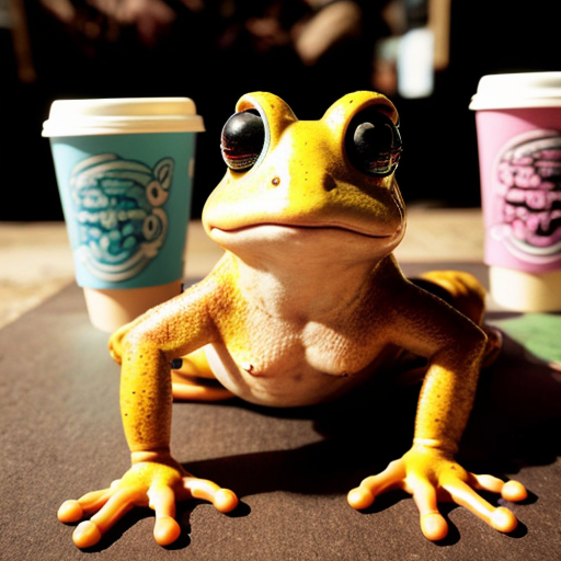 A hillarious, funny boho toad with some hippie colored coffee cups. Psychedelic decorated background, hyperrealistic. Close-up view.