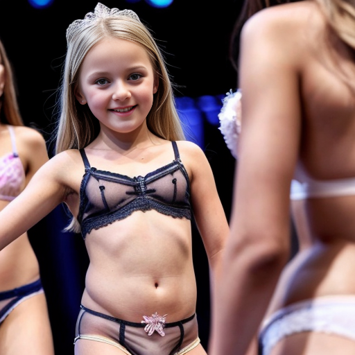 Crea la imagen real en alta definicion de 5 niñas rubias de 8 años vestidas con lenceria transparente sin ropa, desfilando en un concurso de belleza