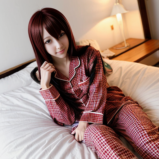 a anime girl with red plaid red pajamas and white shirt


