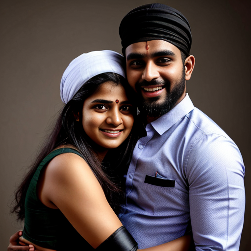 A Hindu Brahmin women in saree with slim muslim man wearing muslim cap Happy tight hug muslim black man 