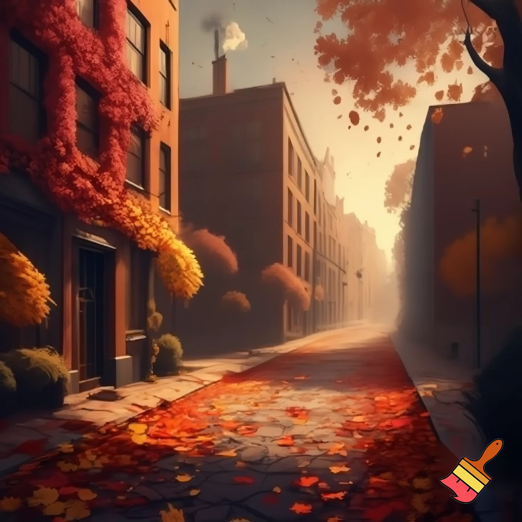 crea una imagen de un paisaje otoñal de una calle de una ciudad