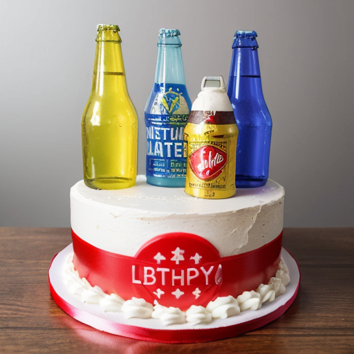 Photorealistic image of a single-tier round white fondant cake in Fallout New Vegas style, diameter 25cm. On top: large drawn Vault Boy character thumbs up (big smile, yellow hair, blue jumpsuit with yellow Vault-Tec logo, pointing finger up). Around the top edge: red 'Happy Birthday' banner ribbon. Sides fully covered in white fondant with drawn thematic Fallout elements: Nuka-Cola bottles, radiation symbols ☢️, Pip-Boy wristwatch, Liberty Prime head silhouette, Brotherhood of Steel logo. Three volumetric 3D red Nuka-Cola bottle caps (realistic, glossy, 4cm diameter, protruding 2cm) placed on sides. Yellow Vault-Tec arc emblem with '38' in center of side. Monochromatic colors: white base, blue, yellow, red accents only. Studio photo on wooden table, perfect lighting, highly detailed, cake topper style
