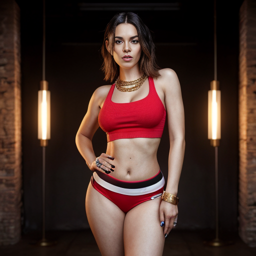 
Scene: A minimalist urban setting with potted plants.
Mood: Provocative and confident.
Expression: Dressed in a red sleeveless deep crop top and long red slit skirt, showcasing her thick thigh with a gold waist chain, the woman poses with one leg raised. She looks directly at the camera with a bold, self-assured gaze.