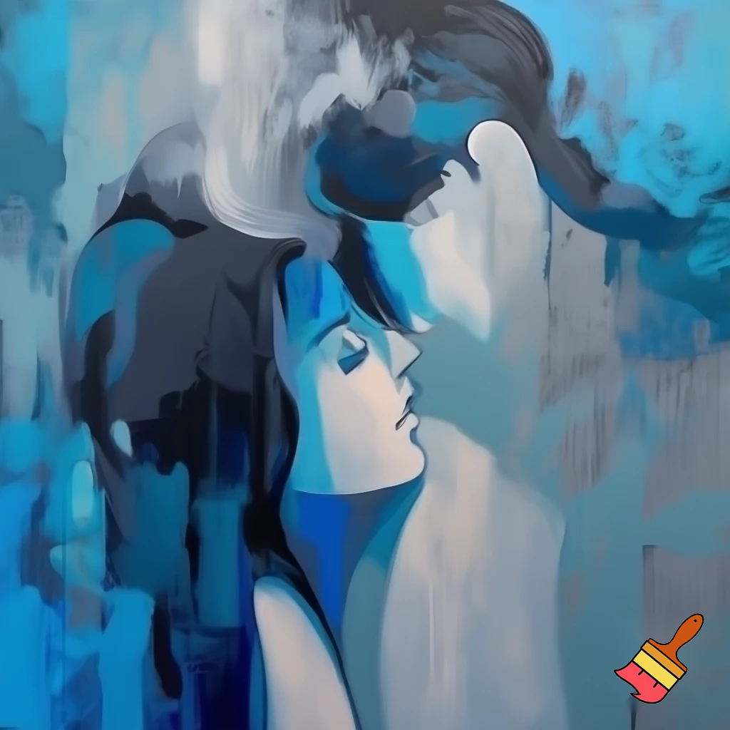 acrylic painting romantic couple man and woman with a long hair love blue and grey modern abstract
