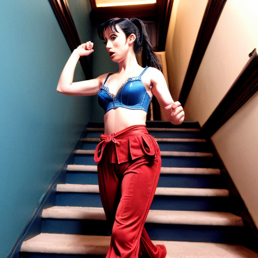 90's disney's 2d aladdin style comic black background and panels of  panel 1 a line black haired ponytail women with blue skin,blue harem pants red bra and red sash red curved slippers are marching down the stairs. 
Panel 2 then the line of black haired ponytail  women with blue skin,blue harem pants red bra and red sash and red curved slippers shake their hips left and right on the stairs in sync. 
Panel 3 then the line of black haired ponytail  women with blue skin,blue harem pants red bra and red sash and red slippers returns to marching down the stairs. 