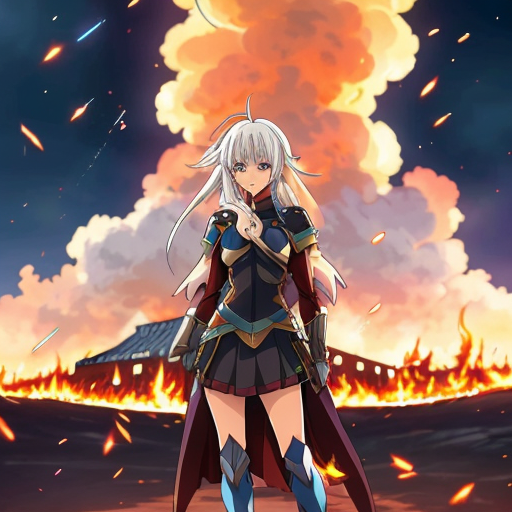 young, tall, white-haired woman in armor stands in front of a burning castle into which meteorites are falling.