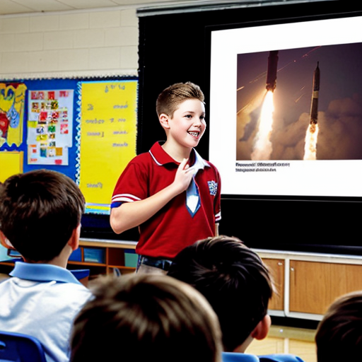 in all boys school
•	The speaker begins 
•	He points toward the students sitting in front of him and smiles.
•	A large screen behind him shows images of rockets launching and students studying in classrooms.
•	The audience begins clapping 
