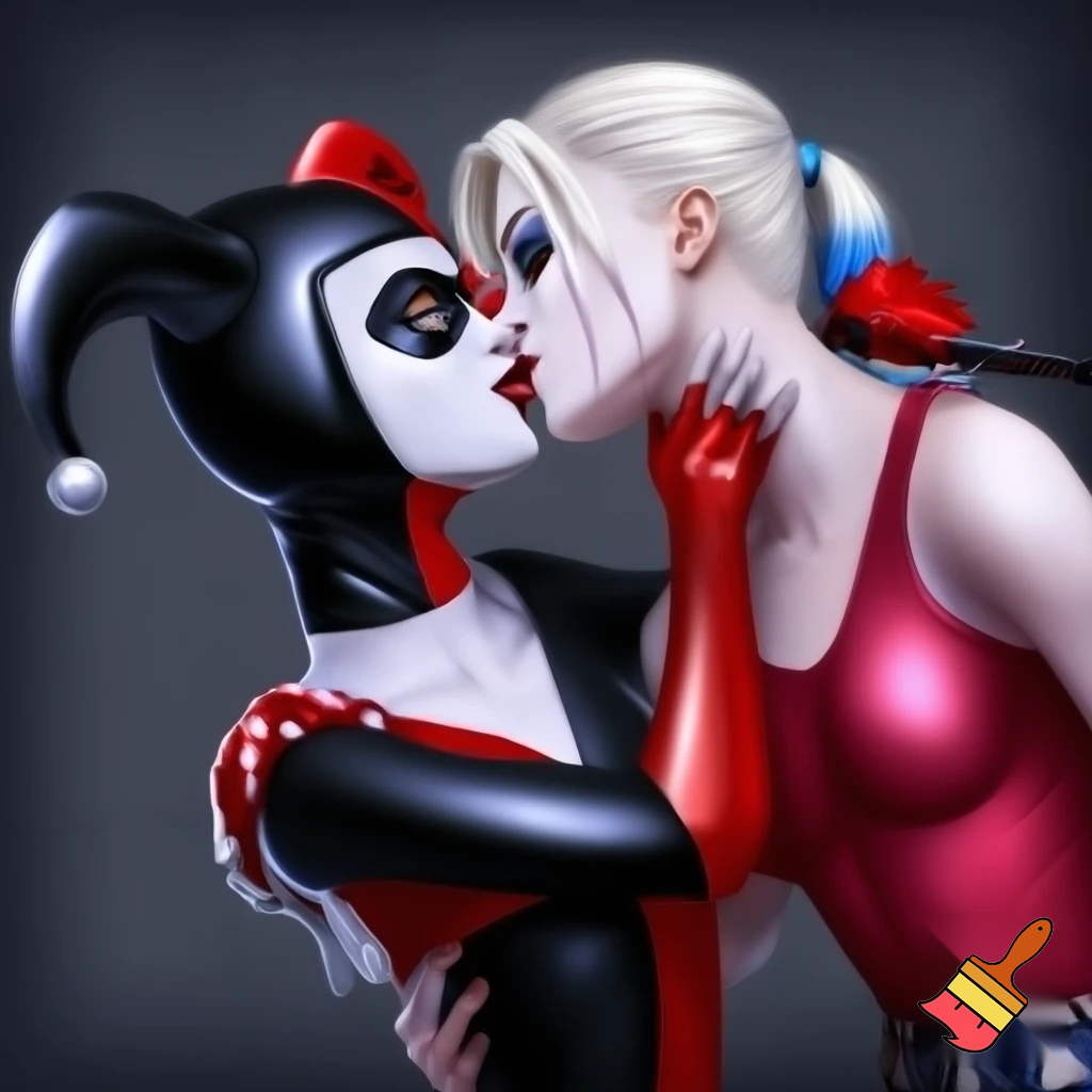 Harley Quinn blonde hair two pigtails blue eyes red black jester outfit kissing Killer frost crystal frost white short hair blue eyes blue dark color bodysuit 