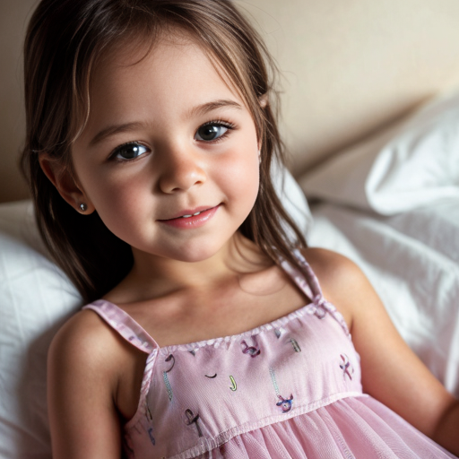 Brazilian little girl at night dress, very beautiful, on the bedroom, close up