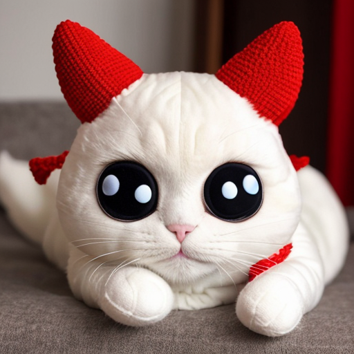 i want white cat plush with Closed embrodiered eyes, yellow horns that have a slight curve at the top, cute bright red anime-style blush, a bright red nose, and closed red wings.