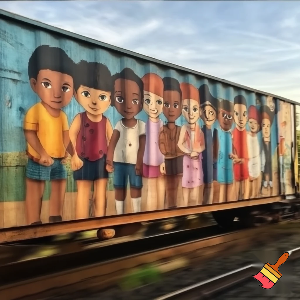 young kids from ethnic diverse backgrounds  side by side not holding hands as a mural on the cargo of a train . Like moving art that shifts as the train moves, kind of like a motion book


