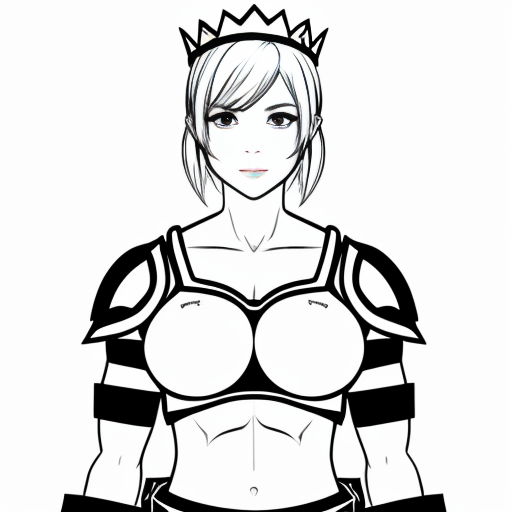 cute anime girl, huge muscles, she is a knight, she wears metal gauntlets, metal greaves and shoulder pads, she has a breastplate, her defined abs are exposed as well her upper arms, she has a tiara that has crown features
