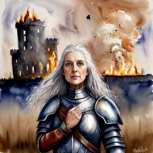young, tall, white-haired woman in armor stands in front of a burning castle into which meteorites are falling.