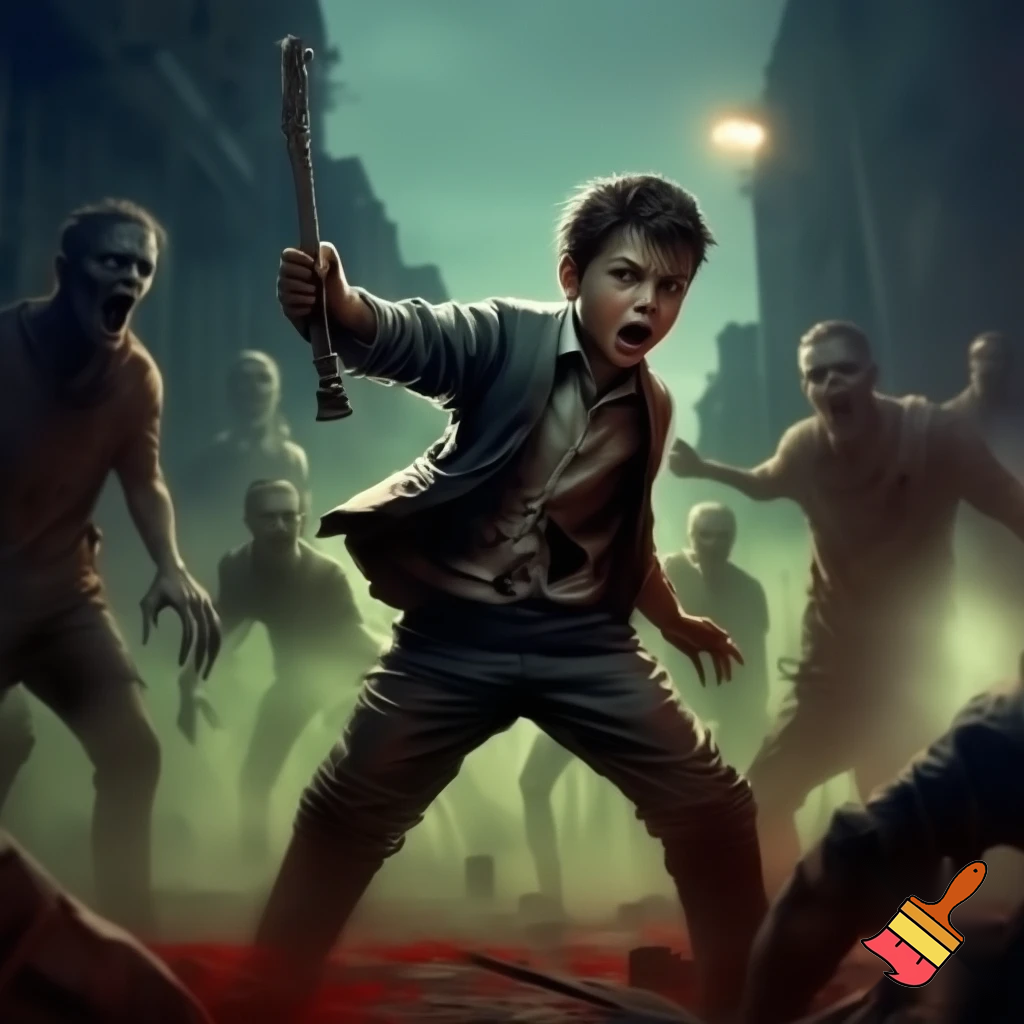 a school boy killing zombies
