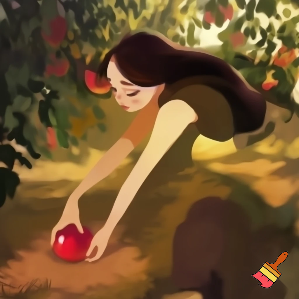 a woman bending over to pick up an apple
