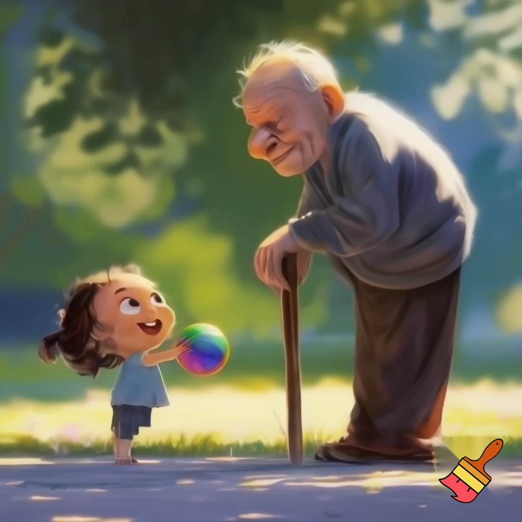An old man is holding a stick, and a child wants to give him a ball.