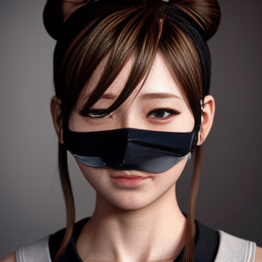 Anime girl with a scrunchie bun wearing a cloth blindfold blinding her