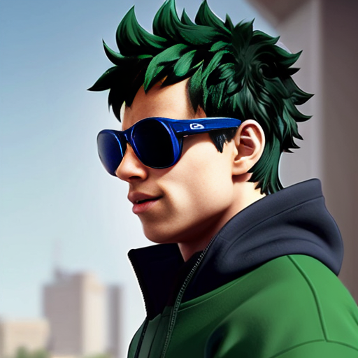 Izuku Midoriya from My hero academia wearing drippy glasses with nike tech fleece and a sideways cap for a profile picture make it look like izuku midoriya and really realistic
