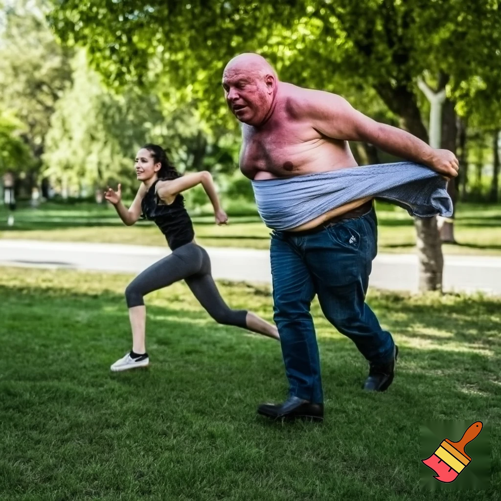 BIG FAT MIDDLE AGED MAN WHO CAN'T FIT IN HIS SHIRT CHASEING A YOUNG SLENDER WOMAN