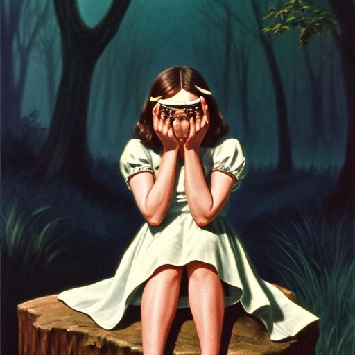 Alice in wonderland 1951, Alice is sitting on a rock in the middle of the Tulgey Wood at night time. Alice is using both trembling hands to hold a large, thick handkerchief to cover her eyes. Alice is hunched over, her elbows braced upon her knees, as she sobs into the handkerchief. Tears are gushing plentifully, creating a pool of tears. 