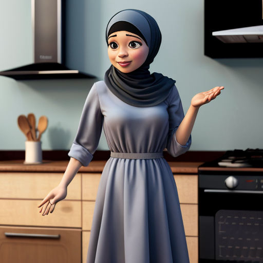 Pixar-style 3D cartoon character, standing at the stove, cooking gesture, exaggerated cartoon features, big expressive eyes, Muslim woman 35-40 years old, fully covered in wide light blue dress, loose modest clothing, headscarf covering all hair, no sexualized features, gray background, simple cartoon style