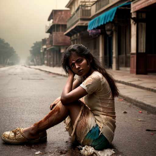 Realistic young Indian girl sitting alone on street, old torn dress, messy hair, tears on her face, empty street, soft overcast cinematic lighting, realistic Disney fantasy style, emotional, human features, character-locked, soft golden light, subtle magical atmosphere”