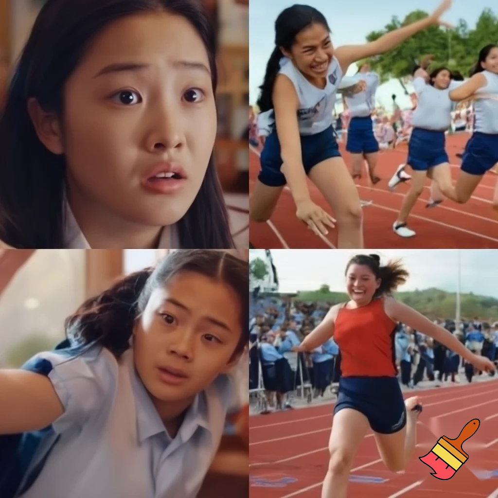 create a photo sequence (4 photos) in order. photo 1, a girl student is told by her teacher that she will compete in the schools 100 meter race. photo 2, the girl student is very nervous. photo 3, the girl gets encouragement from her classmates that she can do well in the 100 meter competition. photo 4, the girl competes and wins the 100 meter race.