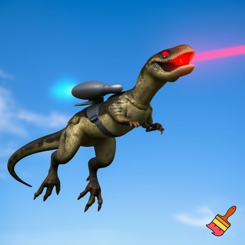 Make me a flying snake with T rex arms and legs with a jetpack and laser eyes