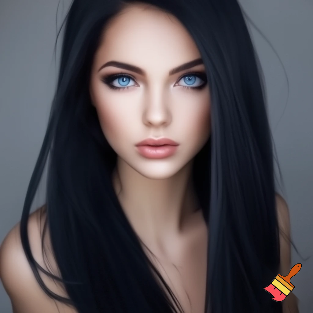 Female long black straight hair , ocean blue eyes, white skin drawing
