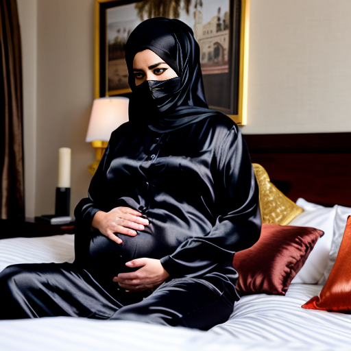 Inside a brown hotel room, heavily pregnant Trump and netanyahu kidnap are sitting together wearing black silk long heavy abaya, gloves, black silk hijab and a perfect silk nosepiece saudi niqab. 