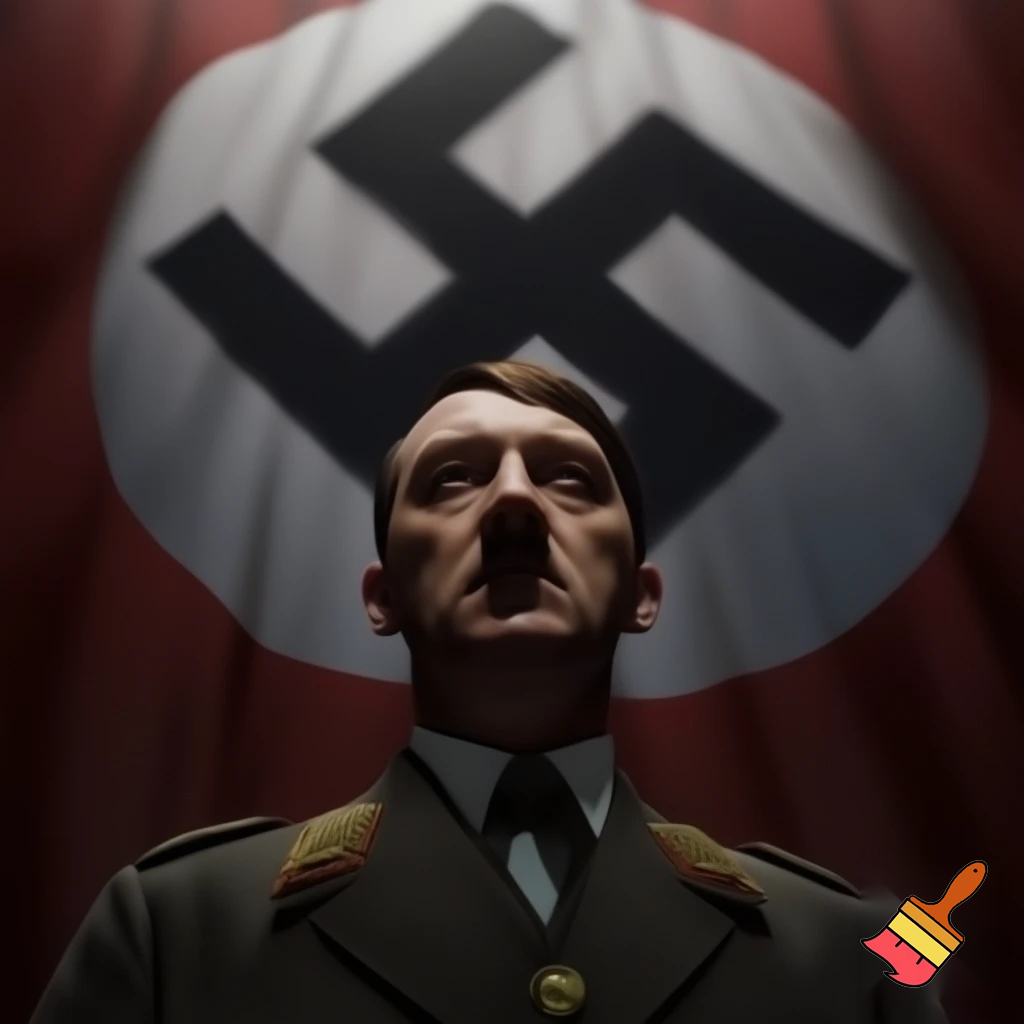 Adolf Hitler in front of a swastika