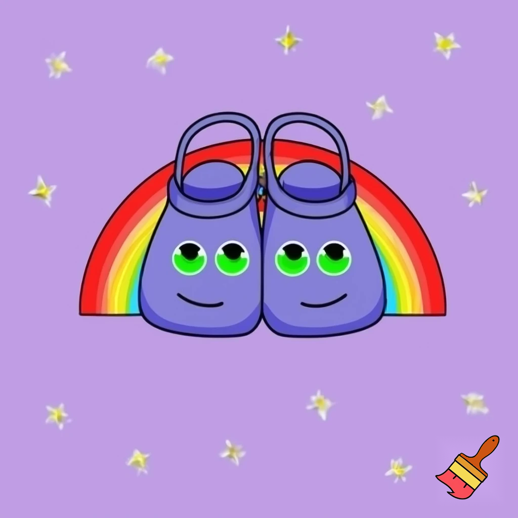 with white star pupils and bright green eyes and :3 smile and purple clogs with star rainbow bionic pastel red yellow blue clog backstraps in Panty & Stocking With Garterbelt style and hair covering both ears