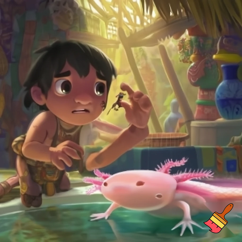 an Aztec boy playing eating ants and an axolotl is in half and has a bite out of it