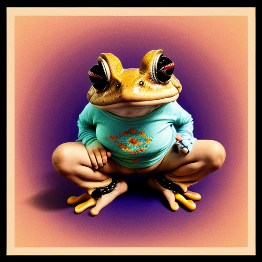 A hillarious, funny boho toad with some hippie colored coffee cups. Psychedelic decorated background.