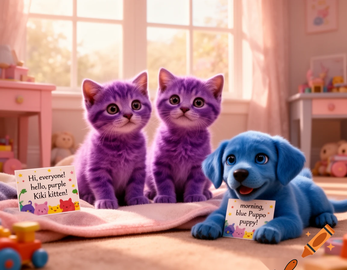 Hi, everyone! hello, purple Kiki kitten! morning, blue Puppo puppy! ah! why are there two purple Kiki kittens? Leo's colour is blue when he was a boy and Lea's colour is pink when she was a girl did a spell on me!