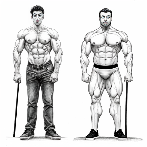 pencil drawing cartoon style of different poses of 2 men, one muscular man and one thin, underweight man with a cane
