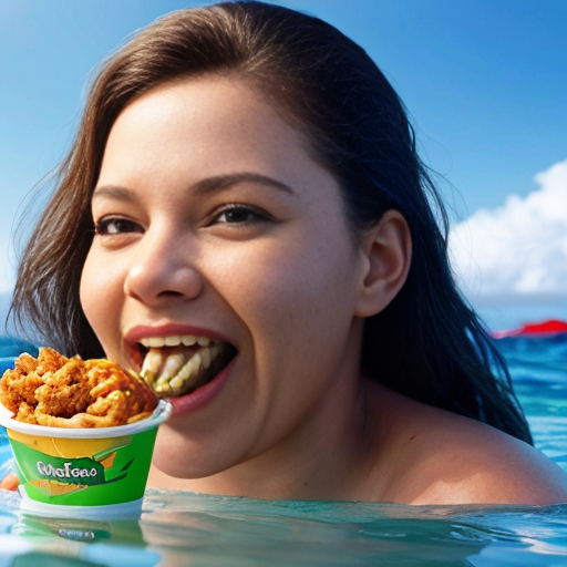 
fat snake with human head in the ocean eating KFC