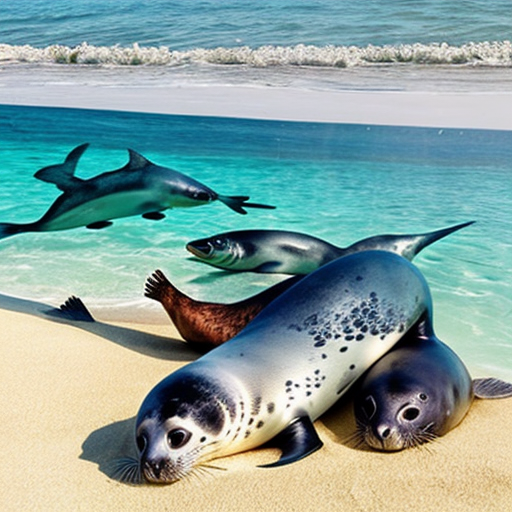generate me an image of a beach full of happy Neil the seals with unlimited fish as food