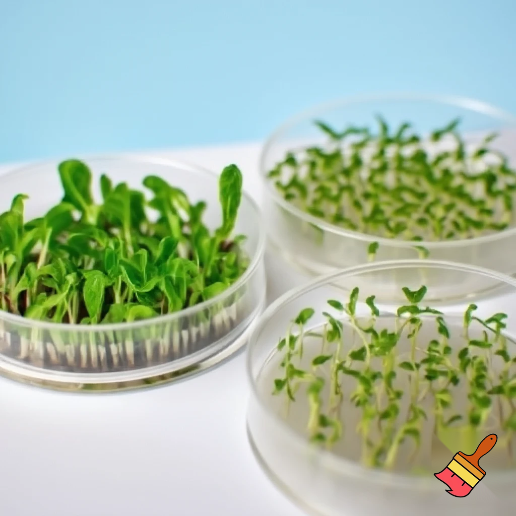 Three laboratory Petri dishes with agar as the medium, each containing 20 seedlings — pak choi in one, arugula in another, and coriander in the last one. All seedlings should be enclosed within the three closed dishes and measure about 2 cm in length, some slightly shorter and some slightly longer. Everything is set against a light sugar-paper blue background.