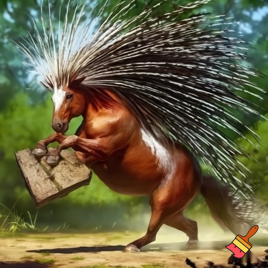 Half porcupine half horse kicking swinging a wooden board