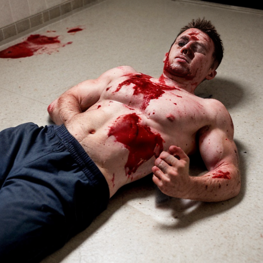 shirtless random man (neighbor, not everyone has 6 pack.), face are hiding by shirt, died already, chest are open wounded circle in random man, blood everywhere, eye closed, floor (on random place) on corpse body.