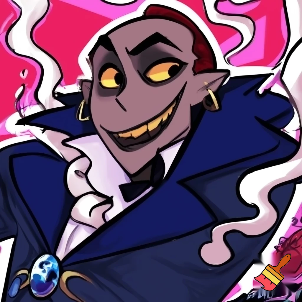 Percival de rolo from Vox Machina in the cartoonish art style of hazbin hotel wearing his signature blue overcoat and smoke curling around him