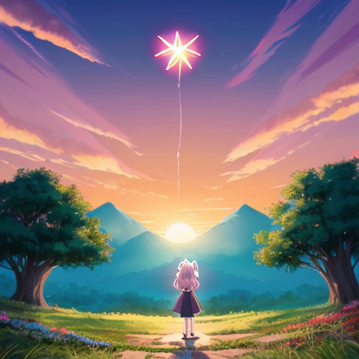 Portrait A sunset with a Jewish star in the middle glowing, a cat with tree legs and no tail sits on it. While a girl stands in the middle holding a balloon