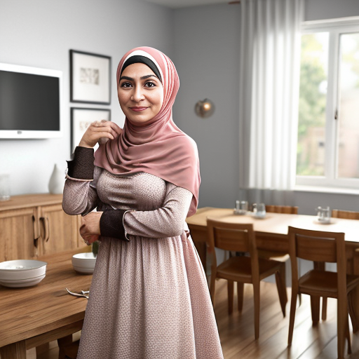 Pixar-style 3D cartoon, Muslim woman, 50 years old, fully covered, headscarf covering all hair, modest appearance, wide flowing pink dress, standing in a modern living/dining room, placing plates on the table, preparing food to eat, medium-class interior, neutral colors, simple furniture, cozy atmosphere, bright friendly lighting, simple cartoon style