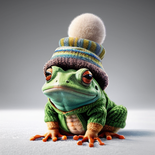 A laughable, puzzled animal toad in woolen, multicoloured winter clothings with woolen winter cap. Hyperrealistic art style.