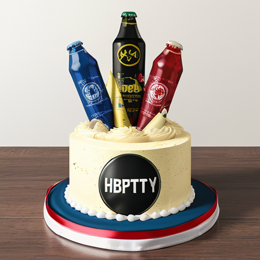 Photorealistic image of a single-tier round white fondant cake in Fallout New Vegas style, diameter 25cm. On top: large drawn Vault Boy character thumbs up (big smile, yellow hair, blue jumpsuit with yellow Vault-Tec logo, pointing finger up). Around the top edge: red 'Happy Birthday' banner ribbon. Sides fully covered in white fondant with drawn thematic Fallout elements: Nuka-Cola bottles, radiation symbols ☢️, Pip-Boy wristwatch, Liberty Prime head silhouette, Brotherhood of Steel logo. Three volumetric 3D red Nuka-Cola bottle caps (realistic, glossy, 4cm diameter, protruding 2cm) placed on sides. Yellow Vault-Tec arc emblem with '38' in center of side. Monochromatic colors: white base, blue, yellow, red accents only. Studio photo on wooden table, perfect lighting, highly detailed, cake topper style